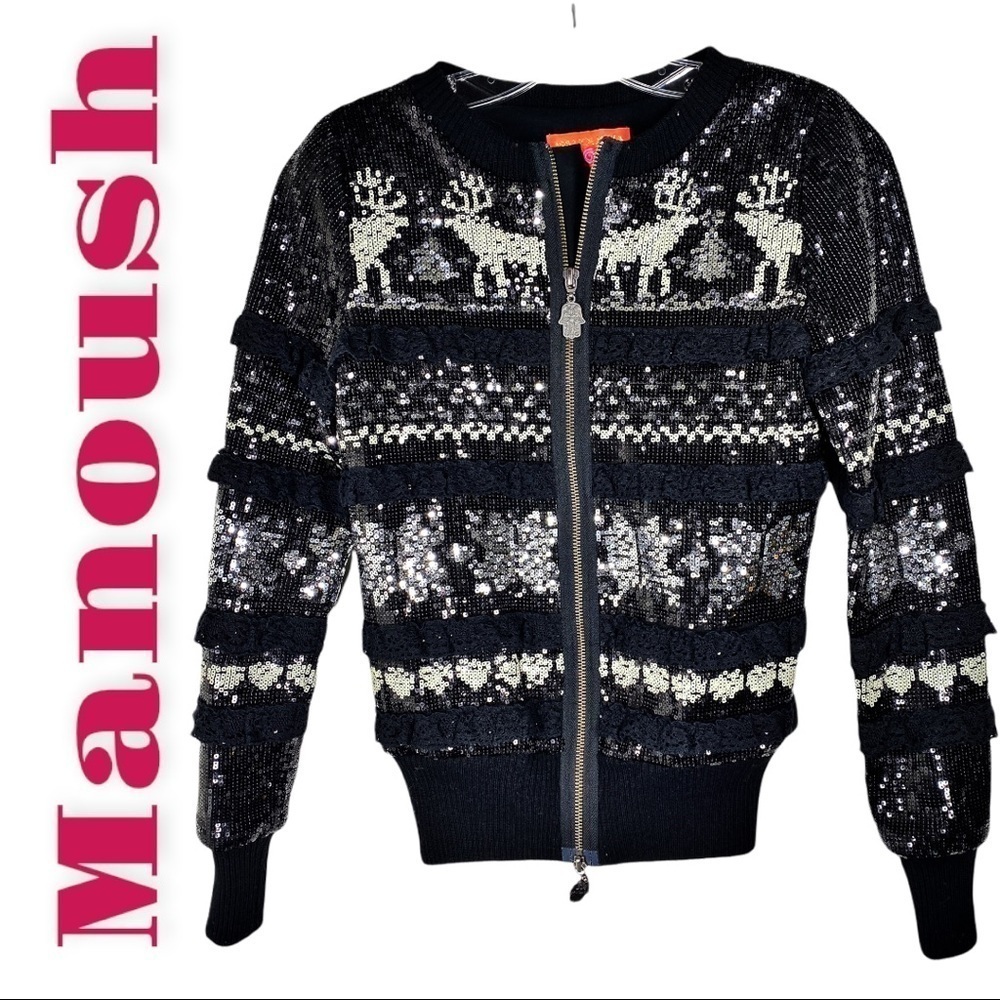 MANOUSH Christmas Cardigan Sweater Jacket Sequin Reindeer Snowflakes Lace, XS‎